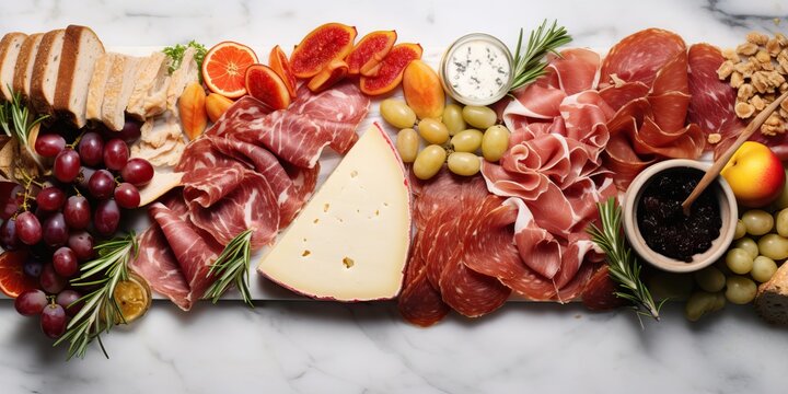 Antipasto background. Ham serrano, prosciutto crudo or jamon, olives and grapes. Generative AI