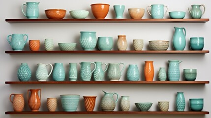 Vibrant green and orange ceramic tableware displayed on wooden shelves, featuring mugs, jugs, and bowls.