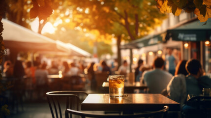 A refreshing glass of iced beverage on a table with a blurred background of a bustling outdoor cafe scene.