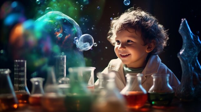 A smiling young boy enjoys hands-on learning with colorful science experiments and soap bubbles.