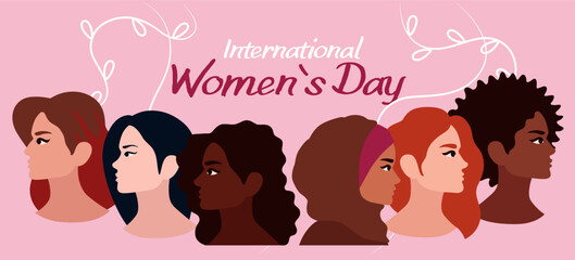 Banner with different ladies and text INTERNATIONAL WOMEN'S DAY on pink background