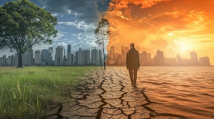 Image representing the concept of global warming. A solitary figure walking down a cracked path divided two contrasting scenes of growth and drought