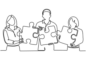 continuous line collaboration teamwork concept with 3 people with puzzle pieces trying to find a solution together