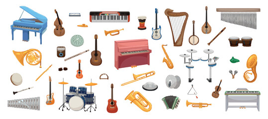 Set of musical instruments on white background