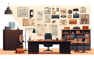 Detective office ready. Police department interior elements vector illustration