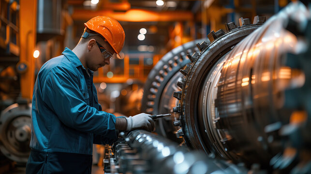 Mechanical engineer inspecting large machinery with large machinery in the background.