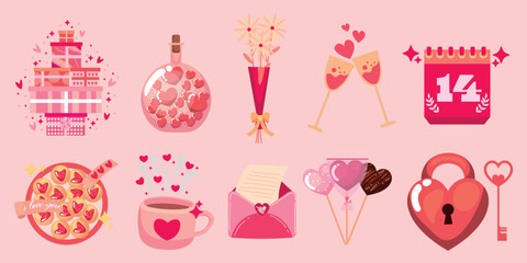 Set of different symbols of Valentines Day on pink background