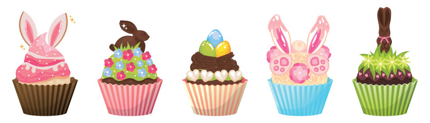 Set of creative Easter cupcakes on white background