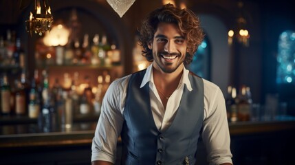 Fototapeta premium Charming male bartender with a warm smile standing in a vintage bar atmosphere.