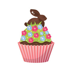 Creative Easter cupcake with bunny on white background
