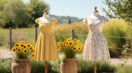 Two summer dresses on mannequins displayed outdoors in a countryside setting with sunflowers.