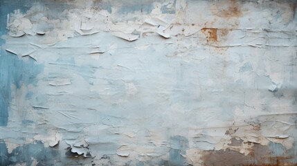Textured background of a blue wall with peeling paint and visible layers of old posters.