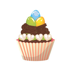 Creative Easter cupcake with eggs on white background