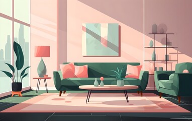 Beautiful green and pink contemporary living room flat color vector illustration


