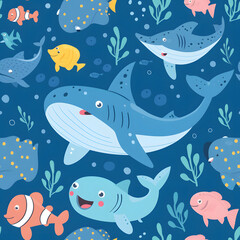 Obraz na płótnie Canvas Cute cartoon whale and shark seamless pattern background.