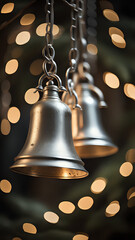 Silver hanging Christmas bells on a black background with Christmas lights in the background in bokeh. AI Generated.