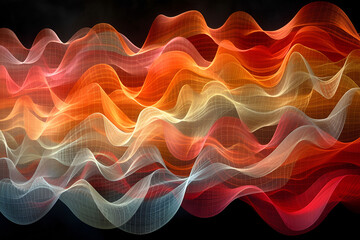 Fototapeta premium digital art piece featuring dynamic, flowing waves of multicolored light textures against a dark backdrop. The intricate patterns and vibrant hues of red, orange, and white create a visually stimulati