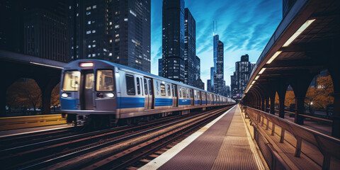 Fototapeta premium Twilight Cityscape with Approaching Train.