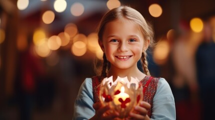 Fototapeta na wymiar Portrait of cute little girl holding a burning candle in her hands Generative AI