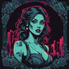 City night woman in a frame illustration
