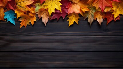 Naklejka na ściany i meble Autumn background with maple leaves on dark wooden planks. illustration. Generative AI