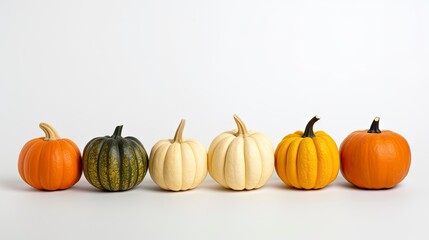 3d render of a row of colorful pumpkins on white background Generative AI
