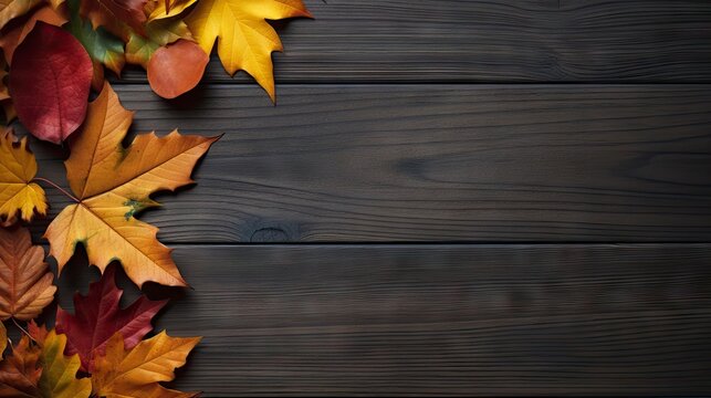 Autumn leaves on wooden background. Top view with copy space. Generative AI