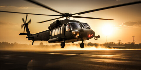 Military Helicopter Landing at Sunset.