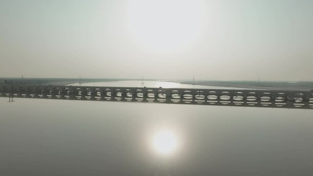 Sunrise over Sukkur Barrage, Sindh - aerial