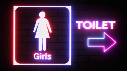 Girls toilet signs in neon lights animation. Glowing white WC toilet neon sign with Male ad Female icon on bricks wall background. In and out sign.