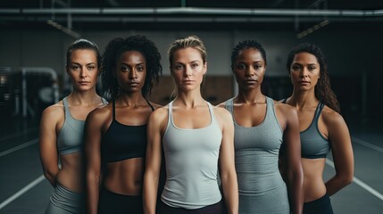Group of african american and caucasian women in sportswear standing together in gym. Generative AI