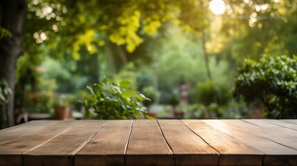 Wooden part of table against blurred background of soft sunlight in summer garden Generative AI