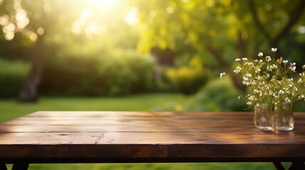 Wooden part of table against blurred background of soft sunlight in summer garden Generative AI