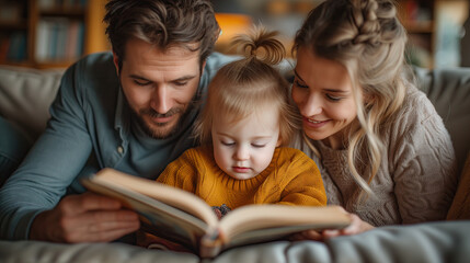Parents reading a book with their daughter on sofa. Happy family at home.