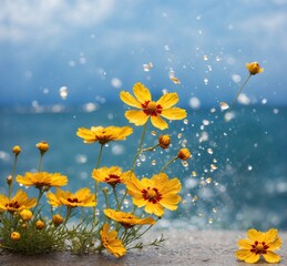 Yellow cosmos flowers with water drops on blue sky and sea background.