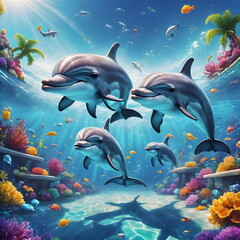 Fototapeta premium Illustration of adorable dolphins frolicking in the ocean