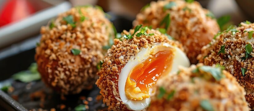 Close up of UK's stuffed Scottish eggs with breadcrumbs, a traditional street food.