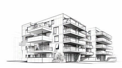 Minimalistic Art Drawing of a Modern Apartment Building with Balconies AI Generated