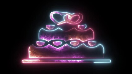 Tasty Cake neon sign, bright signboard, light banner. Cake logo, emblem. Holiday Flyer, Happy Birthday ,valentine greeting Card. Heart, Wedding cake and Romantic girl.   Vector illustration.