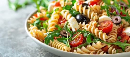 Cold Italian pasta salad made with fusilli, tomato, mozzarella, olive, and arugula.