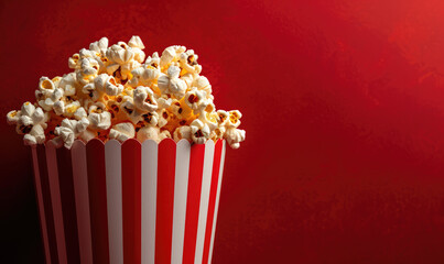 Striped box with popcorn on red background