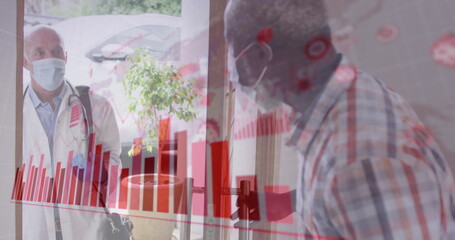 Covid-19 statistical data processing against african american man welcoming male doctor at home