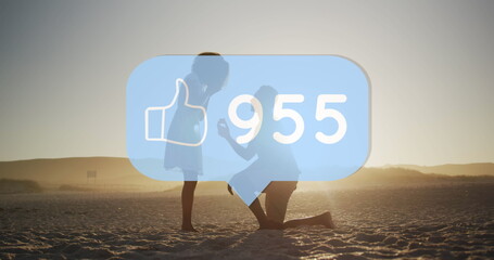 Like icon and increasing numbers against man proposing his girlfriends with a ring on the beach - obrazy, fototapety, plakaty