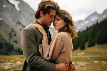 Beautiful young couple in love hugging and kissing on the background of mountains Generative AI