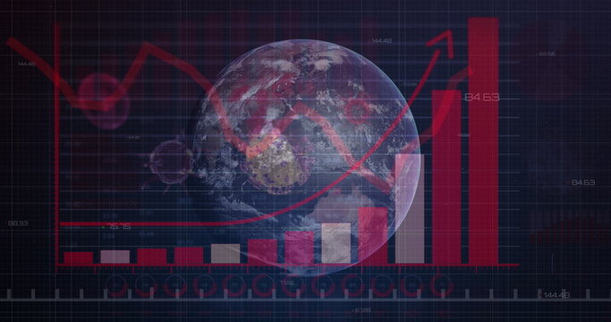 Image of digital interface showing statistics with floating covid-19 cells and spinning globe
