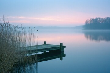 Tranquil Morning: Lakeside Reflections at Sunrise - obrazy, fototapety, plakaty