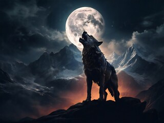 silhouette of a wolf, with a background of night, moon and stars. design for poster, web, flyer, social media. ai generative design - obrazy, fototapety, plakaty