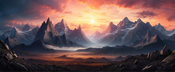 fantasy landscape of black rocky mountains under the sunset sky. Abstract panoramic background.