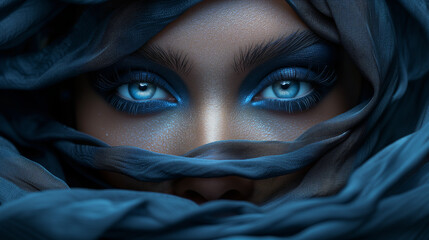 Captivating image a close up woman's face decorated with a with silk or satin cloth. Surrealistic artwork. The intricate details, and utilize soft lighting. The magical and dreamlike ambiance.
