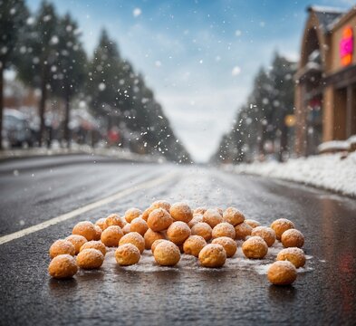 Frozen Dunkin munchkins on the road with snowfall in the background